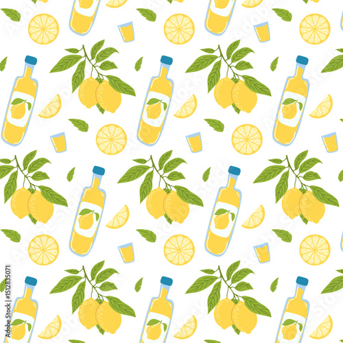 Limoncello bottle and lemons Seamless pattern. Vector illustrations. Mediterranean lemon background. Lemon drink. Summer drink