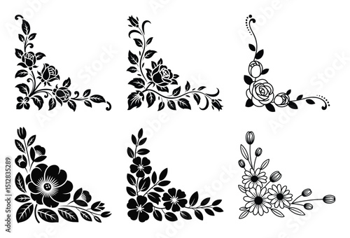 Six black and white floral corner designs