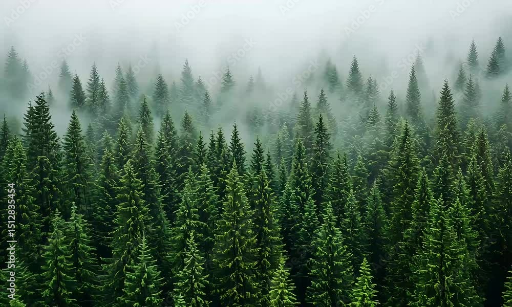 A dense forest of green coniferous trees shrouded in mist A dense forest of green coniferous trees shrouded in mist