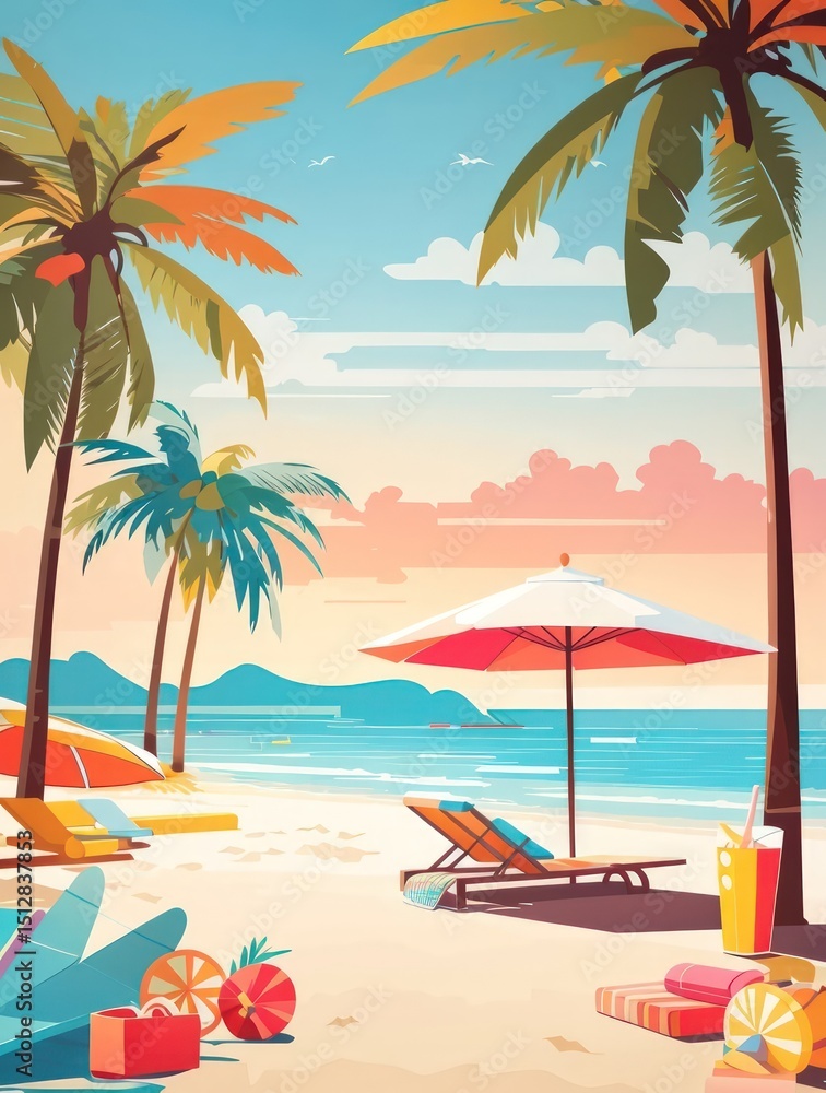 Fototapeta premium Summer Vacation Beach Illustration — Flat Vector with Palm Trees, Coconut Drink, and Sunset
