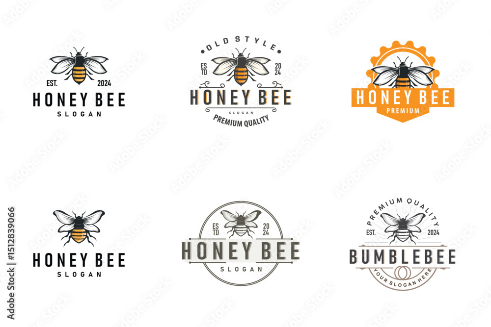 Fototapeta premium Organic honey bee logo design set bundle retro vintage concept bee animal premium template bumblebee