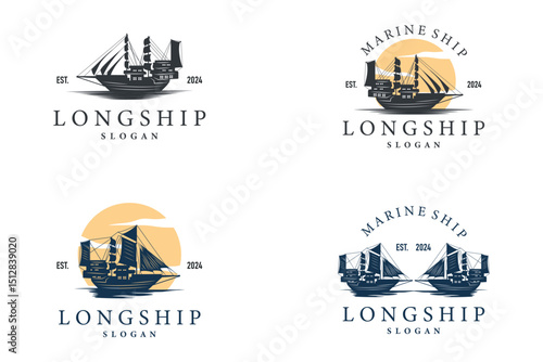 vintage viking longship warship logo traditional ocean sailboat silhouette design set bundle collection