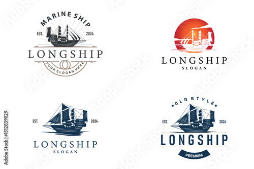 vintage viking longship warship logo traditional ocean sailboat silhouette design set bundle collection