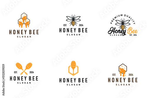 Organic honey bee logo design set bundle retro vintage concept bee animal premium template bumblebee