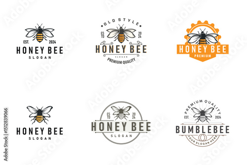 Organic honey bee logo design set bundle retro vintage concept bee animal premium template bumblebee