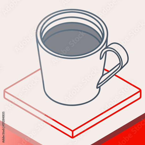 Isometric coffee cup on a flat surface with geometric design  