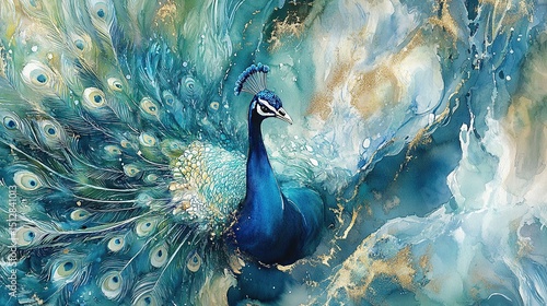 Peacock in Teal and Gold Abstract Art