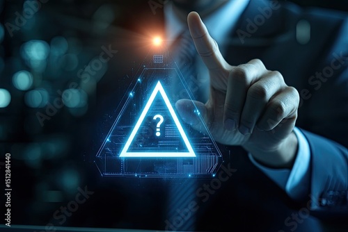 Businessperson's hand points to a glowing, digital triangle with a question mark, suggesting a need for further information or a problem needing investigation.