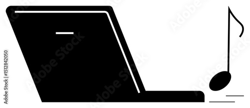 Laptop paired with a musical note signifying music streaming, production, or downloading. Ideal for technology, entertainment, creativity, music production, education, digital services inspiration