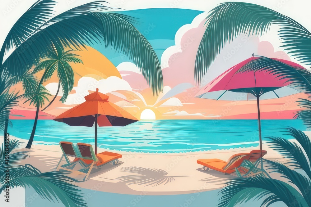 Obraz premium Summer Vacation Beach Illustration — Flat Vector with Palm Trees, Coconut Drink, and Sunset