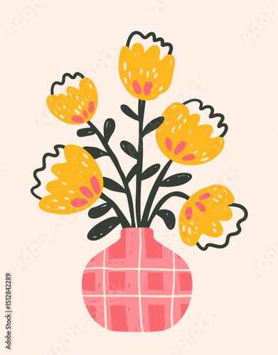 Floral composition with bold bright hand-drawn textured crazy flowers, a ready-made template for funny modern poster or postcard in naive style, vector illustration