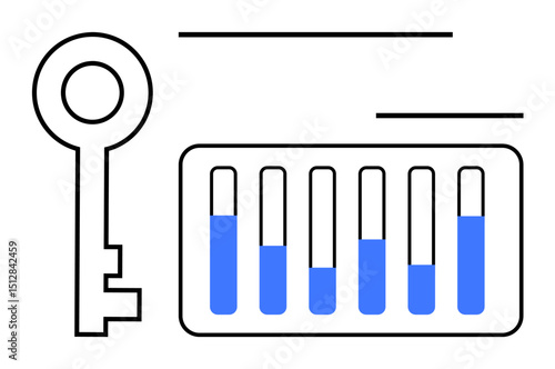 Key beside test tubes with blue liquid addressing themes of innovation, security, research, and connections. Ideal for science, research, biotechnology, data security, experimentation creativity