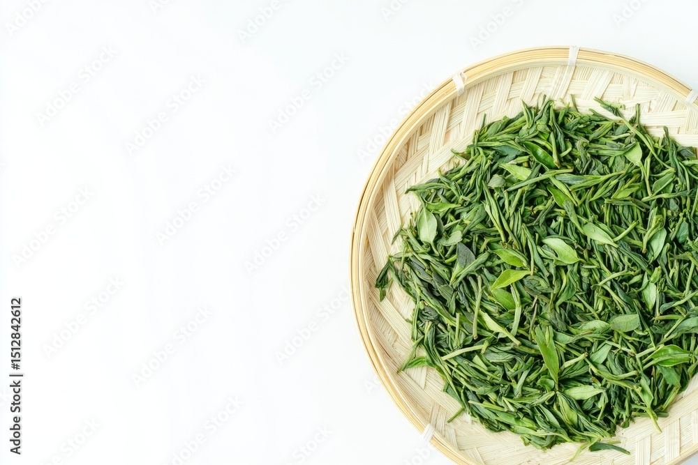 Fresh green tea leaves in a woven bamboo tray Fresh green tea leaves in a woven bamboo tray