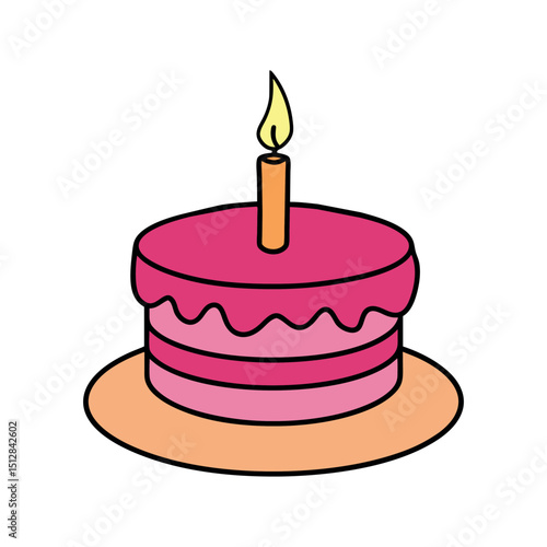 A colorful birthday cake with pink frosting and a single candle on top, placed on a round plate.  Bakery branding, dessert menus, birthday invitations, food blogs, pastry packaging, recipe cards