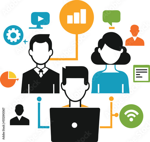 Data Security Shield and Encryption Technology, Startup Team Brainstorming AI and Cloud Tech, Chatbot and AI Assistant Interaction Silhouette Illustration