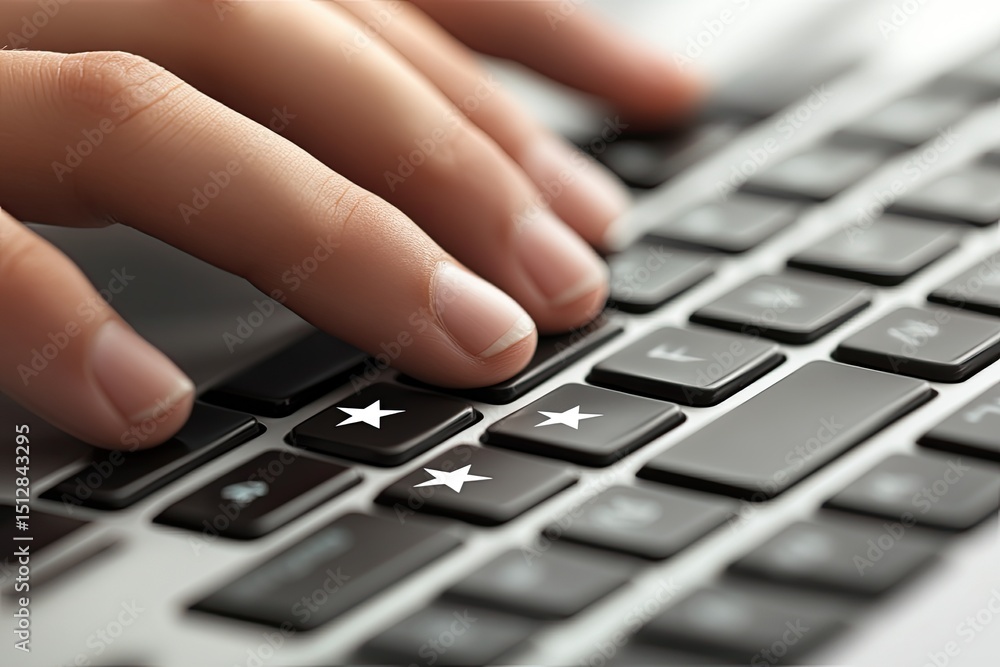 Close-up of hands typing on a keyboard, fingers pressing star keys Close-up of hands typing on a keyboard, fingers pressing star keys
