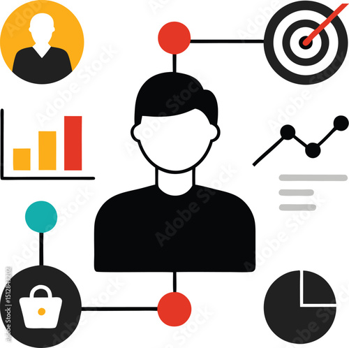 Data Security Shield and Encryption Technology, Startup Team Brainstorming AI and Cloud Tech, Chatbot and AI Assistant Interaction Silhouette Illustration