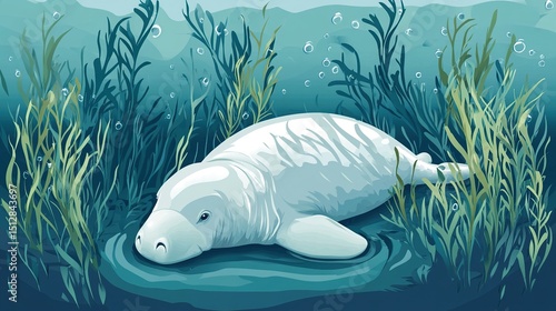 Serene Dugong in Underwater Kelp Forest: A Tranquil Ocean Scene