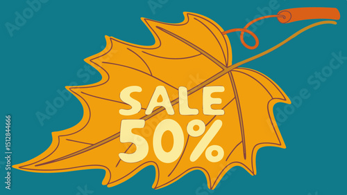 An autumnal leaf graphic with "SALE 50%" text. Ideal for websites/blogs promoting fall sales, discounts, seasonal promotions, or e-commerce events.