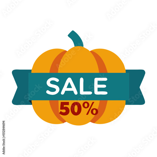 A pumpkin-shaped graphic with "SALE" and "50%" text. Suitable for autumn sales and Halloween promotions.
