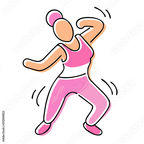 A stylized line art illustration of a woman dancing energetically. Use for fitness blogs, dance class promotions, or active lifestyle content.