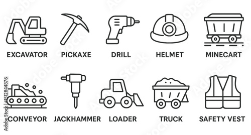 Mining Tools and Equipment Icon Set – Excavator, Pickaxe, Drill, Helmet, Minecart – Black and White Vector