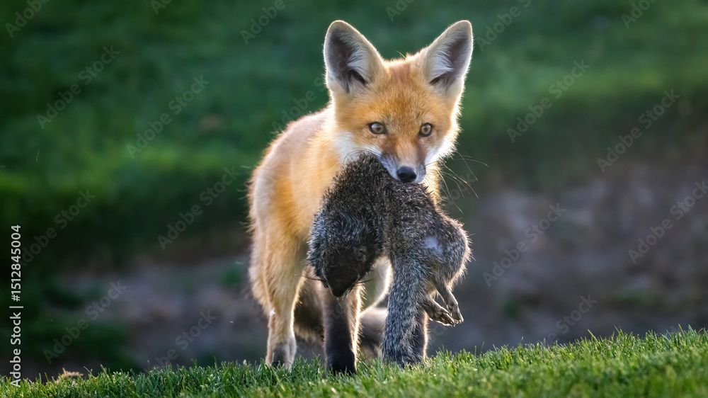 Fototapeta premium A Red Fox Pup with its squirrel prey