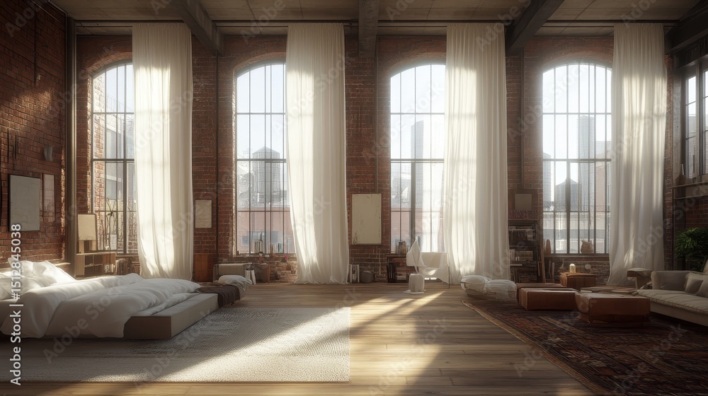 Fototapeta premium Bright and airy loft interior with large windows and cozy furnishings, showcasing urban cityscape outside