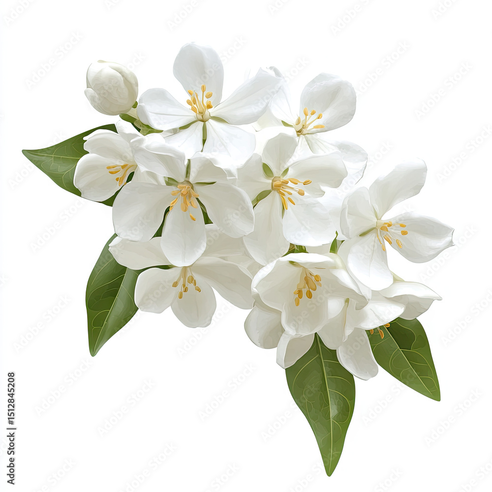 Delicate white apple blossoms, leaves, and buds Delicate white apple blossoms, leaves, and buds