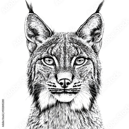 Wild lynx portrait with detailed fur illustration on white background  