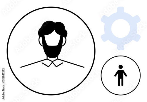 Male avatar in circular frame, gear symbol for settings, small figure icon indicating user roles. Ideal for identity, customization, team hierarchy, organization, IT, profile setup flat simple