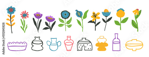 Set of bold positive flowers and vases clip arts hand drawn in naive style, optimistic bright floral illustration, vector isolated items on white background