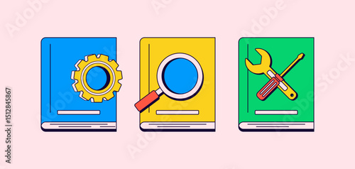 Technical manuals book guide with gear, magnifier, and tools icons cartoon illustration