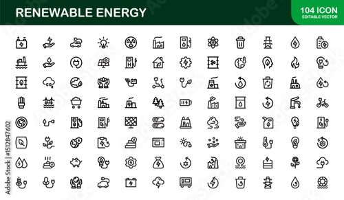 Sustainable and Renewable Energy Icons Showcasing Solar Panels, Wind Turbines, Eco Power, and Clean Electricity in a Professional Vector Design