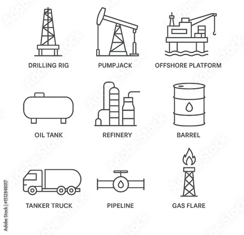 Oil Industry Process Icons – Black and White Vector Set with Labels