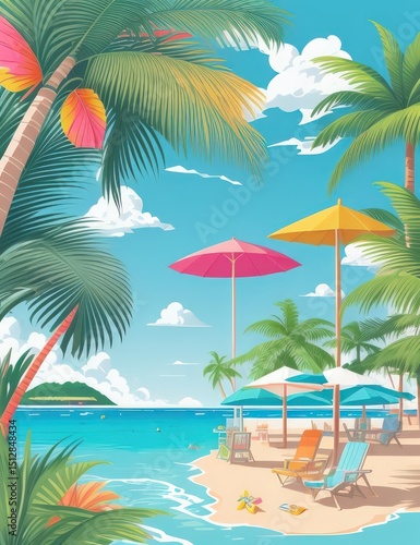 Summer Vacation Beach Illustration     Flat Vector with Palm Trees  Coconut Drink  and Sunset