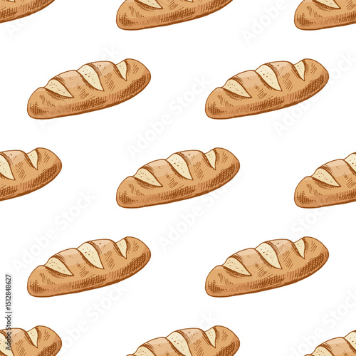 Hand drawn vintage seamless pattern of french baguette bread in engraving sketch style in color style