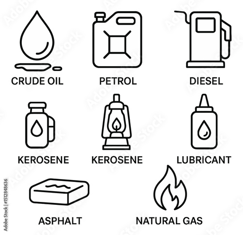 7 Petroleum Product Icons – Black and White Vector Set for Educational and Infographic Use