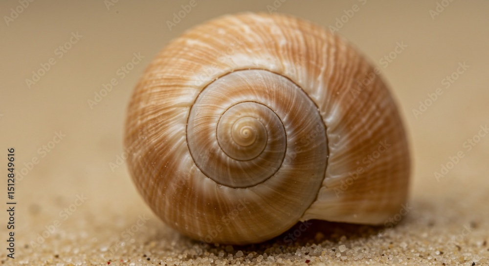 Close-up view of a seashell exhibiting its intricate spiral pattern and textured surface, lying on a bed of fine-grained sand. Close-up view of a seashell exhibiting its intricate spiral pattern and textured surface, lying on a bed of fine-grained sand.