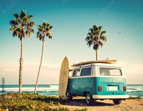 Fototapeta Naklejka Na Ścianę i Meble -  Retro van on beach with surfboards