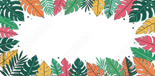 Tropical leaves colorful summer background. Botanical summer frame, banner, poster design with jungle leaves