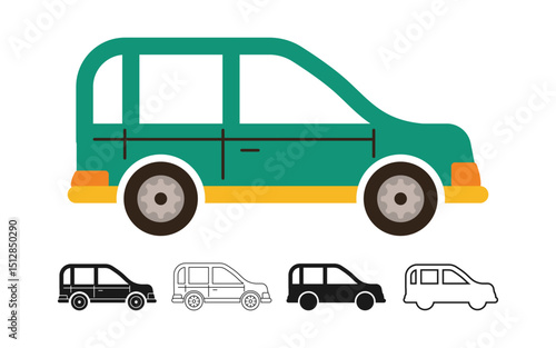 Simple retro Car icon symbol cartoon set. Hand drawn cute automobile car in multiple styles colored, silhouette, outline kid collection. Simple children funny auto transport icon vector illustration