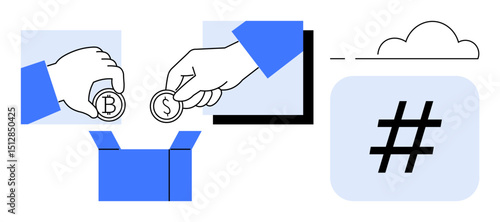 Wallpaper Mural Hands inserting coins marked with B and S into an open box, along with a cloud and hash symbol. Ideal for crowdfunding, blockchain, finance, savings, e-commerce, cloud computing, simple landing page Torontodigital.ca