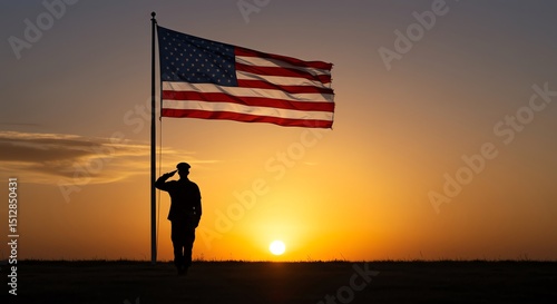 Soldier saluting American flag at sunset