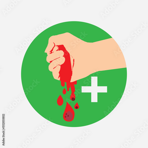 A vector illustration of a hand squeezing out blood with a medical cross symbol on a green circular background, representing blood donation, medical aid, or emergency assistance
