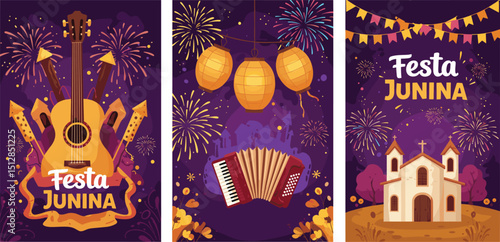 Festa Junina concept design. Brazilian music and dance summer festival carnival banner with city, guitar, accordion, lanterns, and flags.
