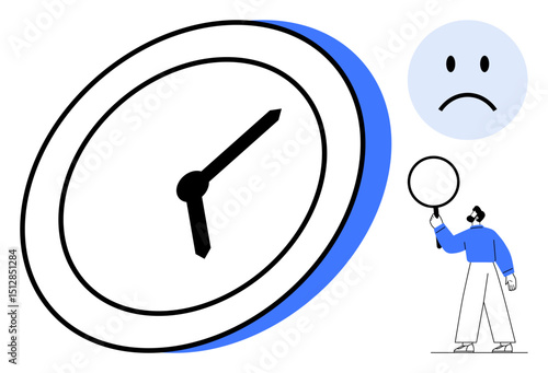 Large clock with bold hands, sad face emoting concern, and individual raising blank sign. Ideal for time management, decision-making, deadlines, emotion, urgency, dissatisfaction simple landing page