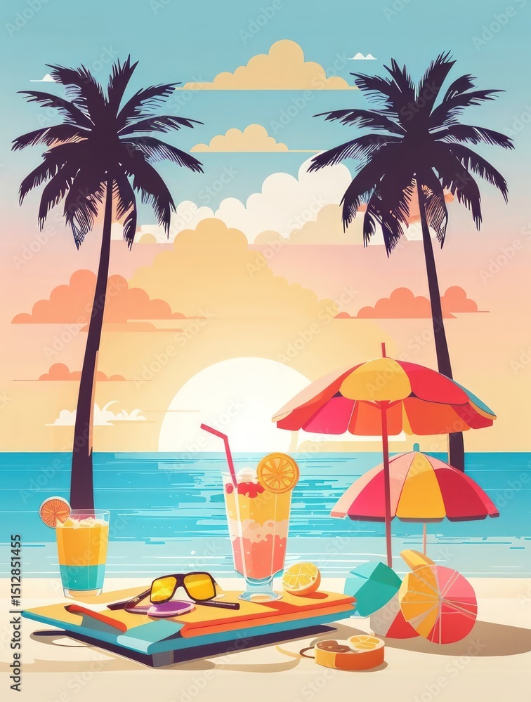 Obraz premium Summer Vacation Beach Illustration — Flat Vector with Palm Trees, Coconut Drink, and Sunset