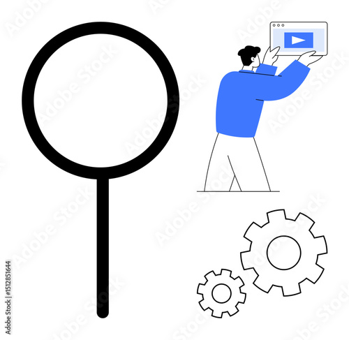 Large magnifying glass, two gears, and person holding browser window with video. Ideal for search, analysis, technology, content creation, optimization, teamwork innovation simple landing page