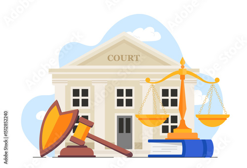 Courthouse building concept. Judges gavel, golden scale near court. Justice and judgement, jurisprudence. Legal support of deals. Flat vector illustration